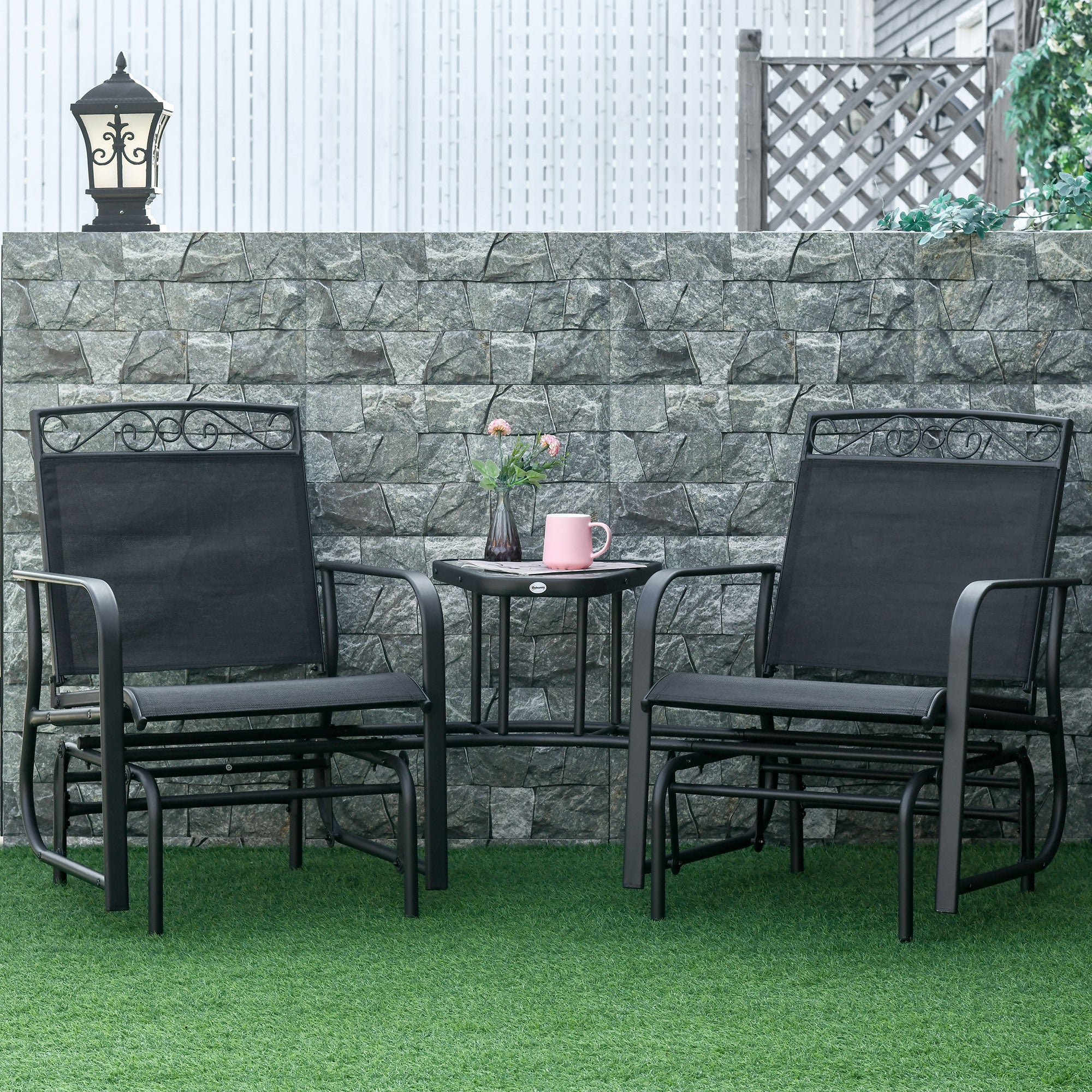 2-Person Outdoor Glider Chair with Center Table – Patio Rocking Bench, Black