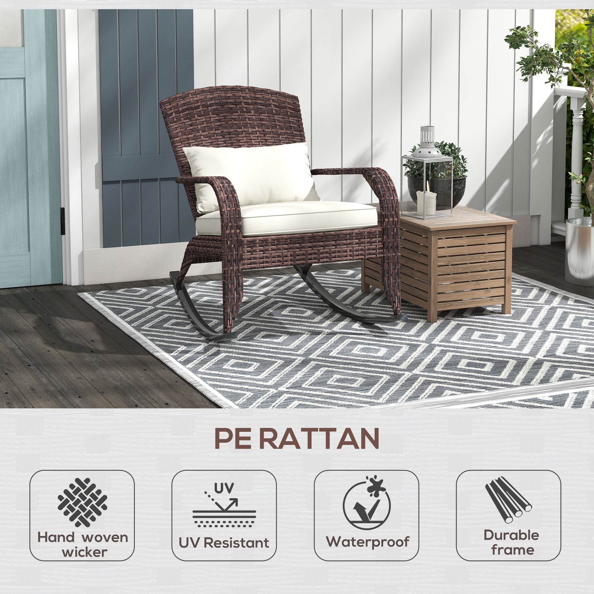 Patio Adirondack Rocking Chair with High Back Cushion – Cream White
