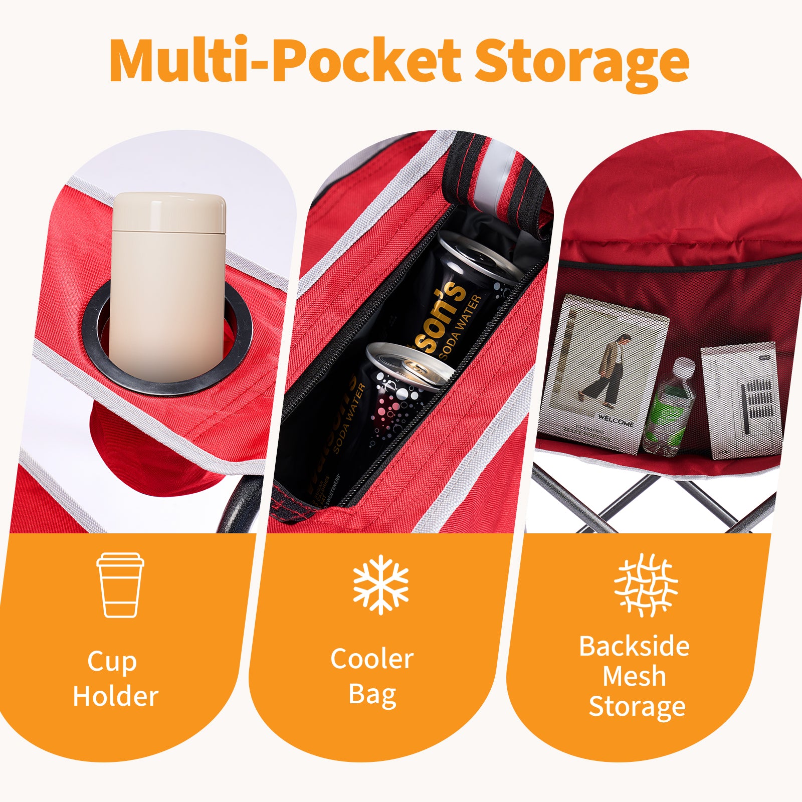 Oversized Camping Chair – Heavy Duty Folding Chair with Cooler Bag, Cup Holder & Storage Pockets