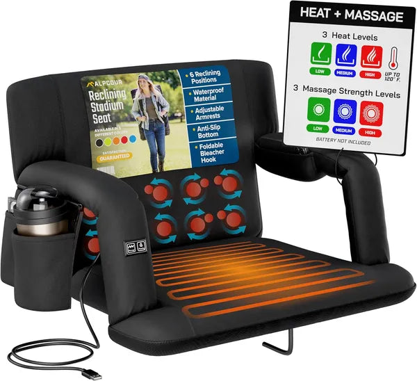 Heated Massage Reclining Stadium Seat For Bleachers With Back Support Extra Wide