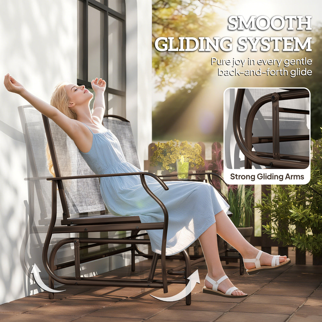 2-Seat Outdoor Glider Bench with Center Table – Patio Loveseat Swing Chair for Backyard & Porch, Brown