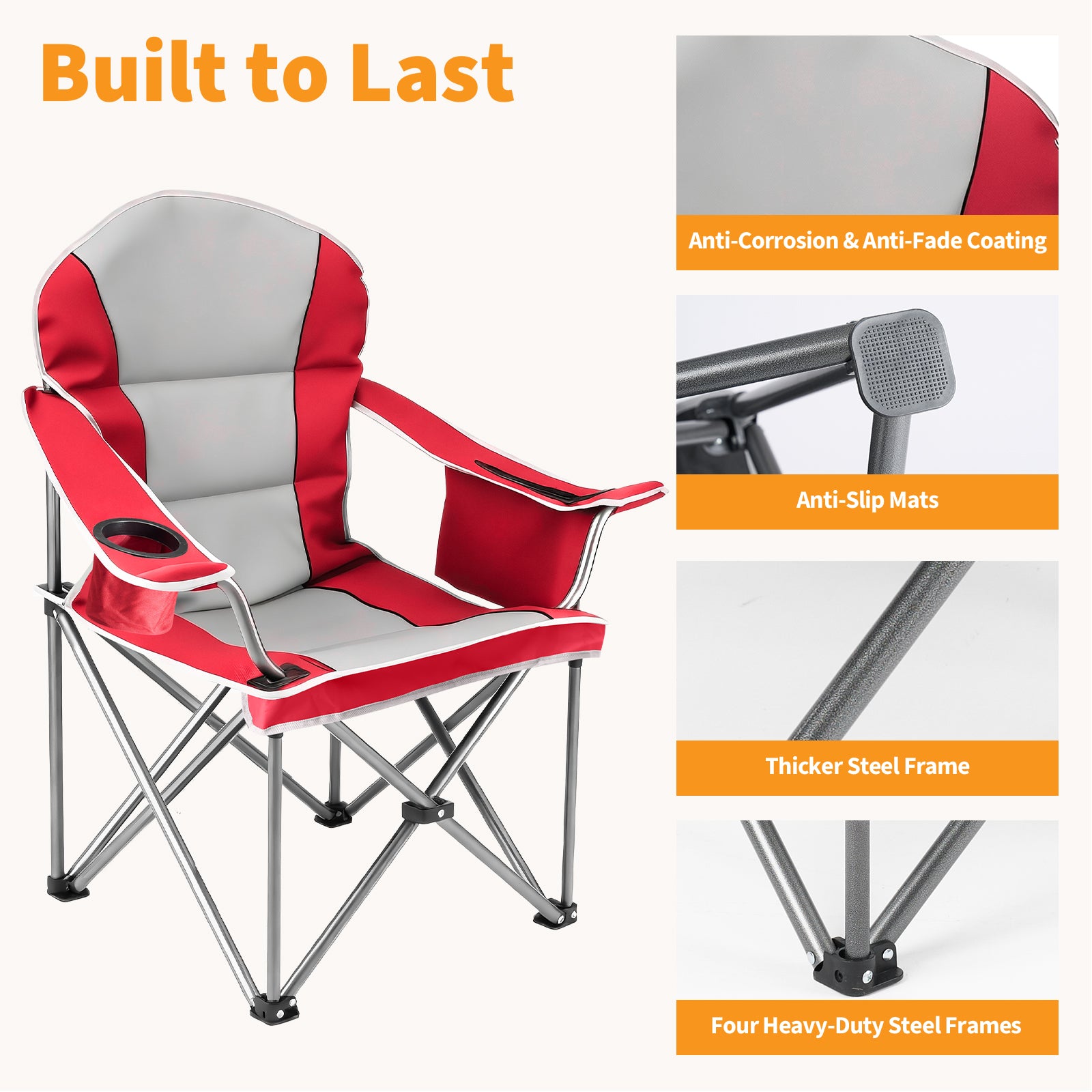 Oversized Camping Chair – Heavy Duty Folding Chair with Cooler Bag, Cup Holder & Storage Pockets