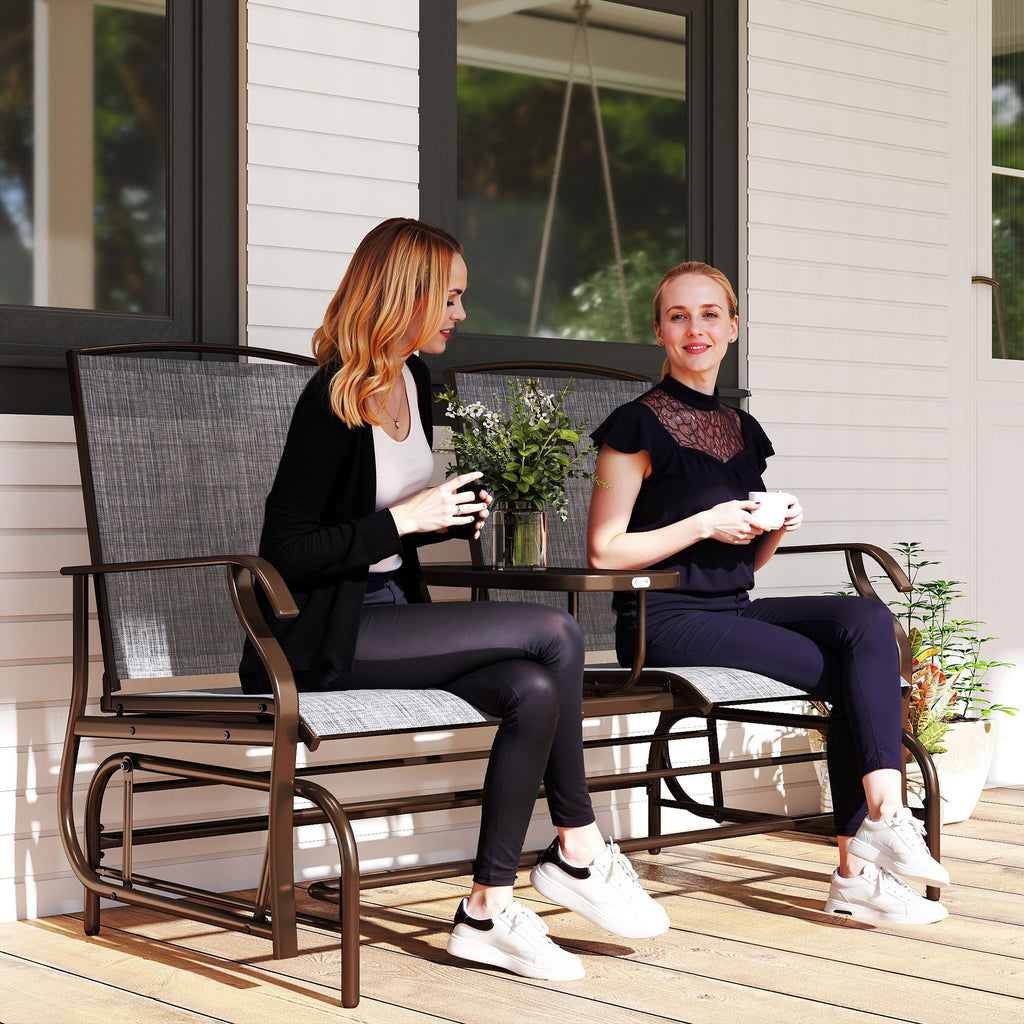2-Seat Outdoor Glider Bench with Center Table – Patio Loveseat Swing Chair for Backyard & Porch, Brown
