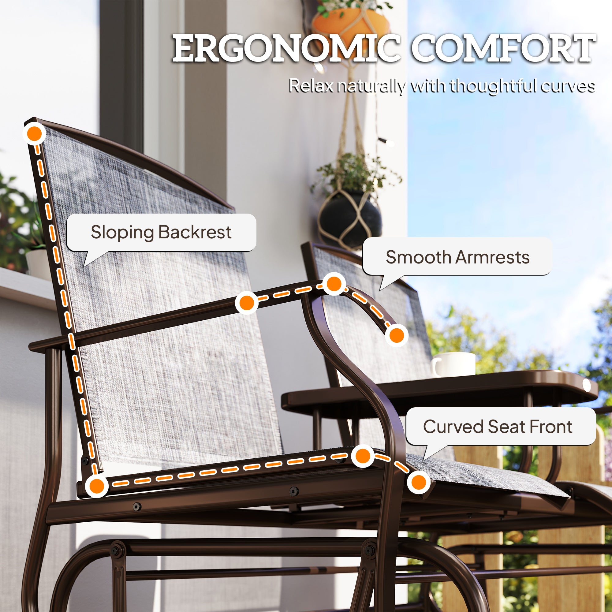 2-Seat Outdoor Glider Bench with Center Table – Patio Loveseat Swing Chair for Backyard & Porch, Brown
