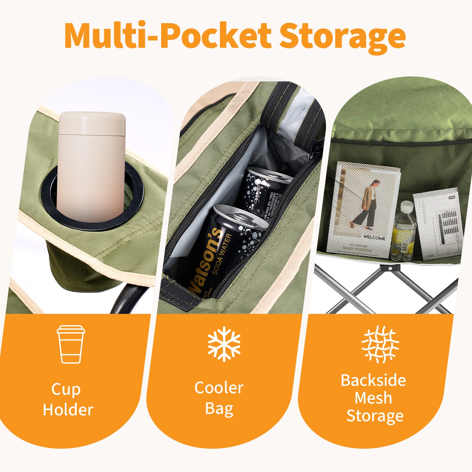 Oversized Camping Chair – Heavy Duty Folding Chair with Cooler Bag, Cup Holder & Storage Pockets