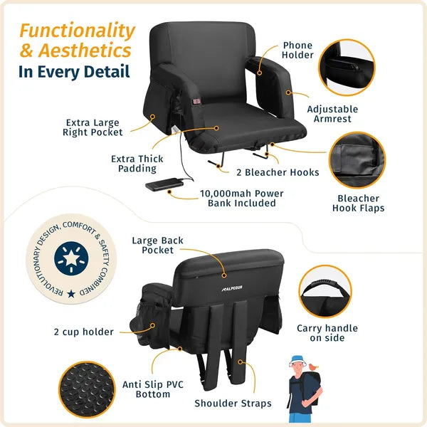 Premium Heated Massage Stadium Seat – Reclining Bleacher Chair with Back Support Extra Wide