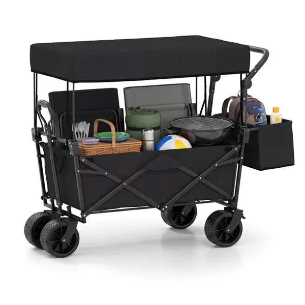 Foldable Utility Wagon Cart – Heavy Duty Outdoor Wagon with Adjustable Handle, Brakes & Storage Pockets, Black
