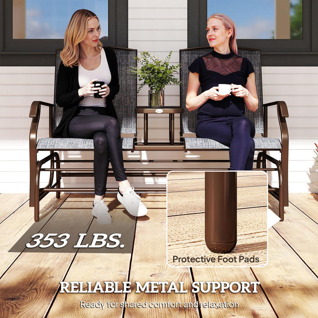2-Seat Outdoor Glider Bench with Center Table – Patio Loveseat Swing Chair for Backyard & Porch, Brown