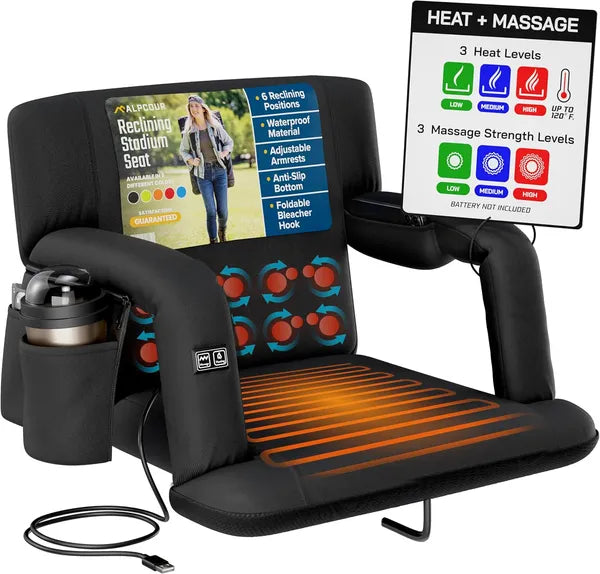 Heated and massaged stadium seat with control panel and cup holder on a white background