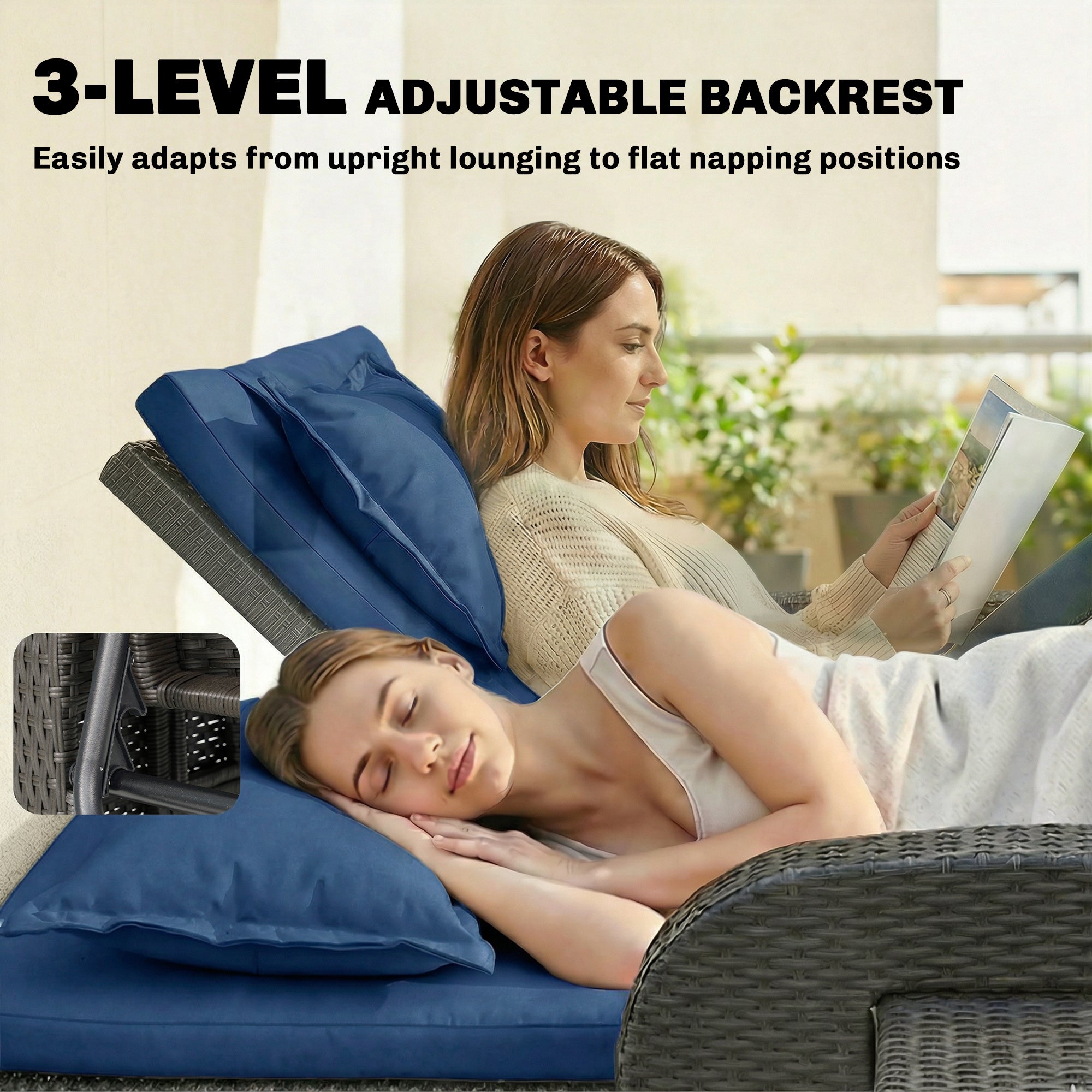 Outdoor Rattan Daybed Lounge – Wicker Patio Loveseat with Adjustable Backrest & Storage Ottoman, Navy Blue