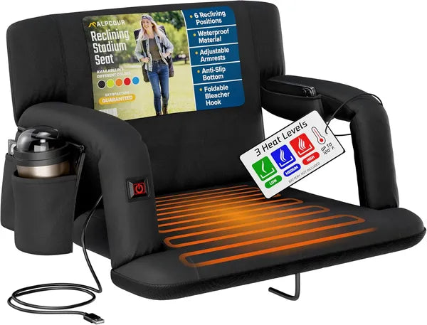 Heated Reclining Stadium Seat For Bleachers With Back Support Extra Wide