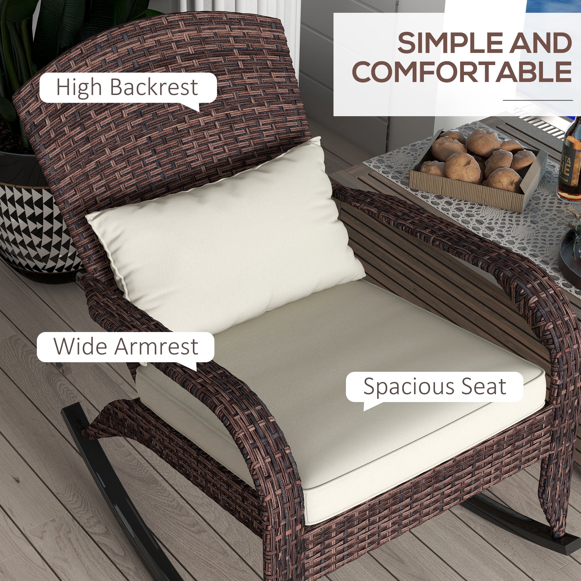 Patio Adirondack Rocking Chair with High Back Cushion – Cream White