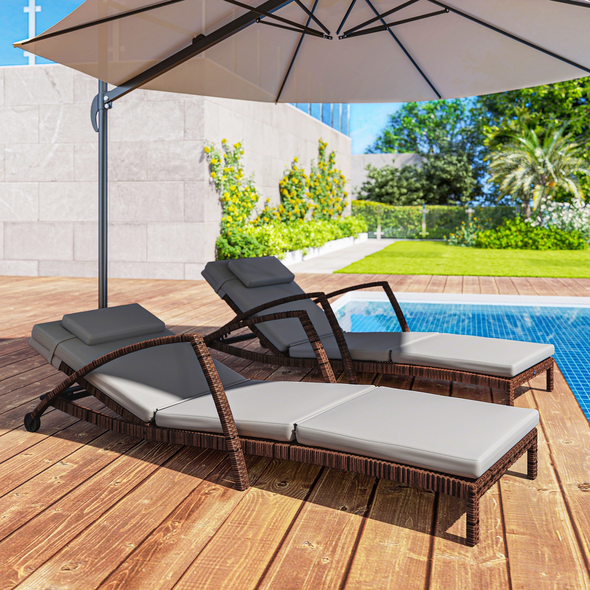 Set of 2 Outdoor Wicker Chaise Lounge Chairs with Cushions & Wheels – Gray