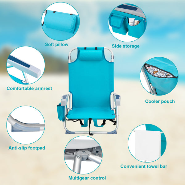 Portable Folding Beach Chair – Adjustable Reclining Camping Chair with Cup Holder, Mint Green