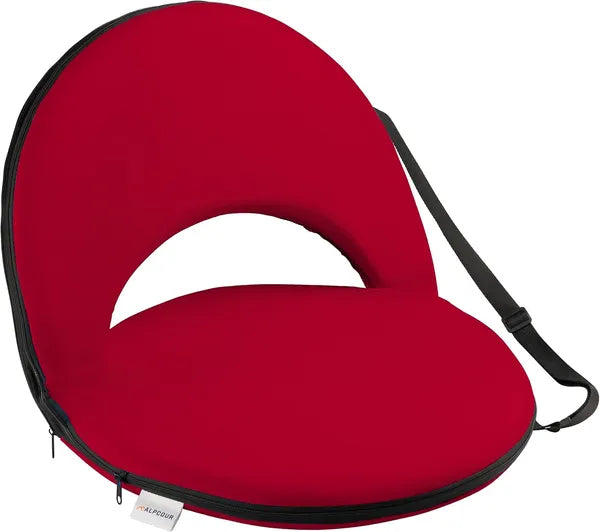 Red seat cushion with black strap on a white background