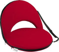 Red seat cushion with black strap on a white background