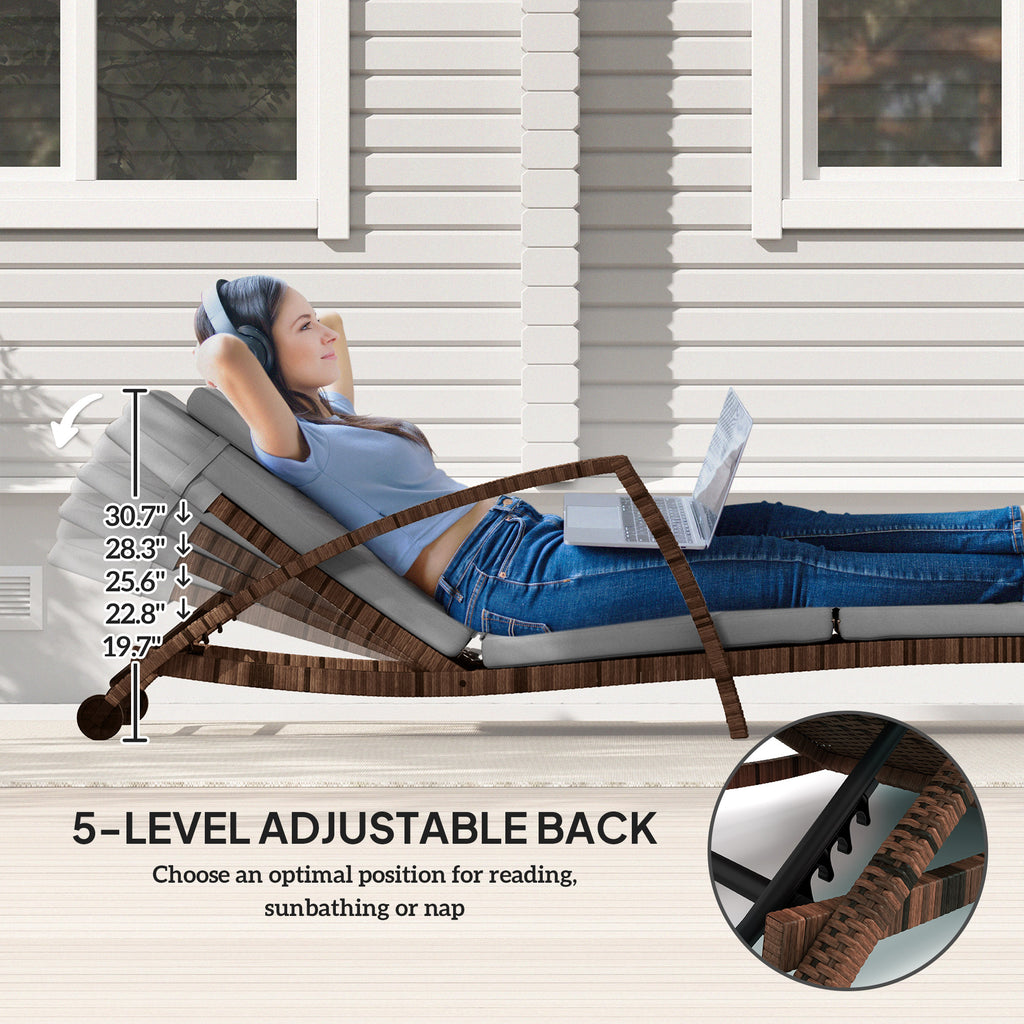 Set of 2 Outdoor Wicker Chaise Lounge Chairs with Cushions & Wheels – Gray