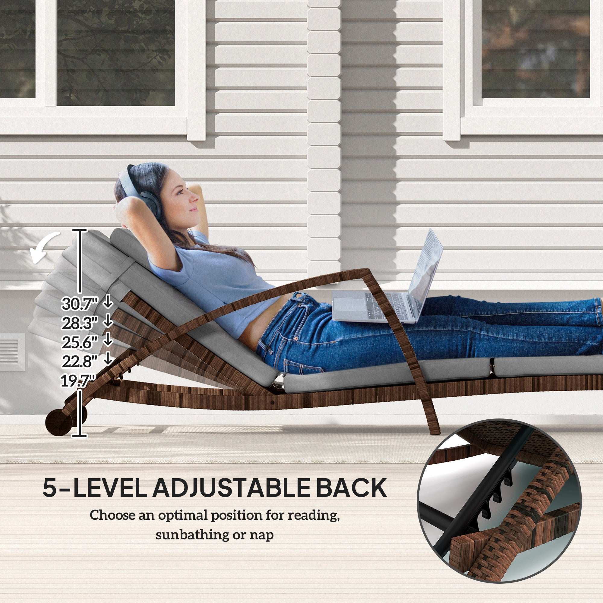 Set of 2 Outdoor Wicker Chaise Lounge Chairs with Cushions & Wheels – Gray