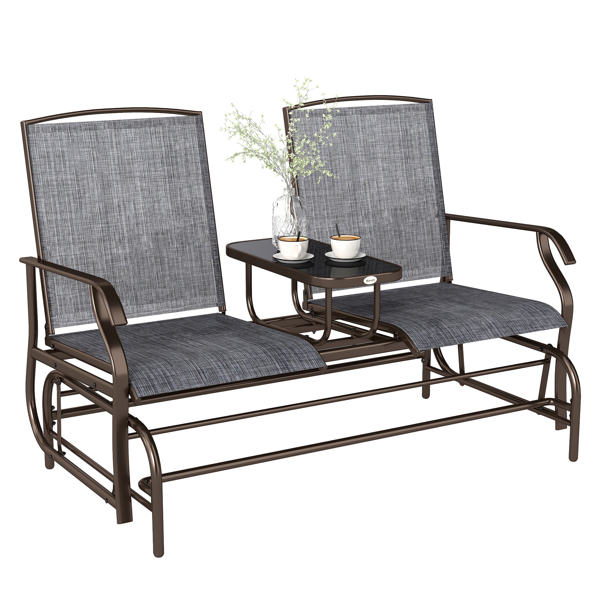 2-Seat Outdoor Glider Bench with Center Table – Patio Loveseat Swing Chair for Backyard & Porch, Brown