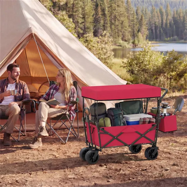 Foldable Utility Wagon Cart – Heavy Duty Outdoor Wagon with Adjustable Handle, Brakes & Storage Pockets, RED