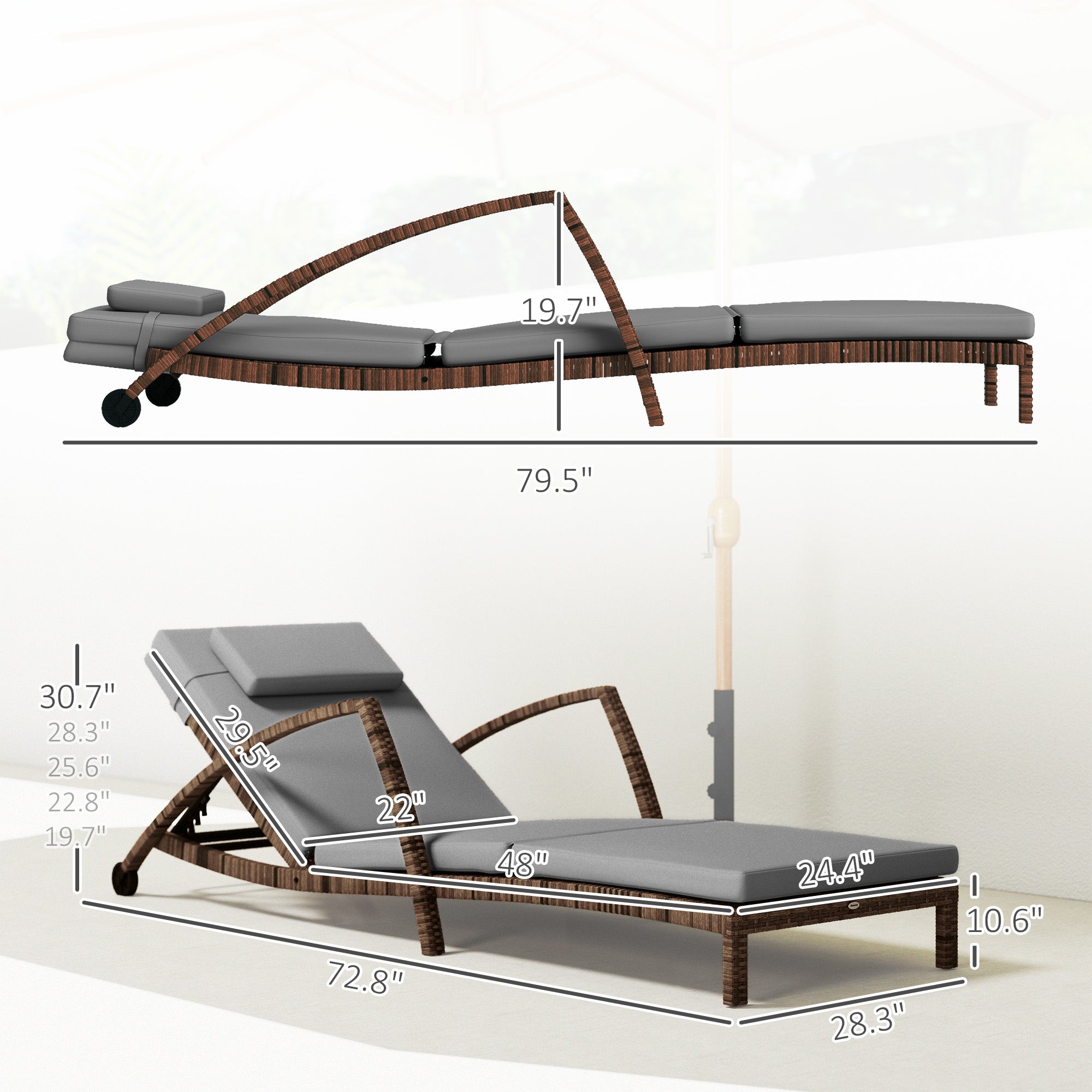 Set of 2 Outdoor Wicker Chaise Lounge Chairs with Cushions & Wheels – Gray
