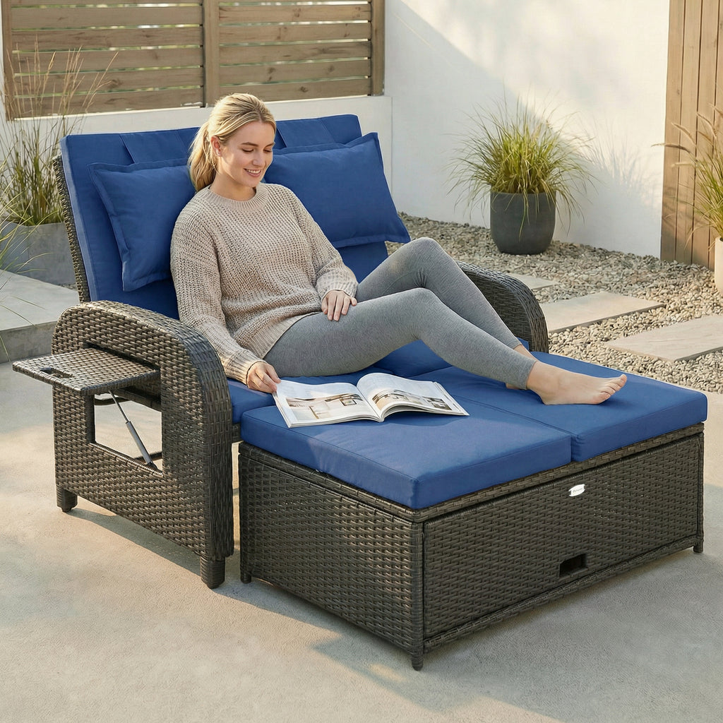 Outdoor Rattan Daybed Lounge – Wicker Patio Loveseat with Adjustable Backrest & Storage Ottoman, Navy Blue