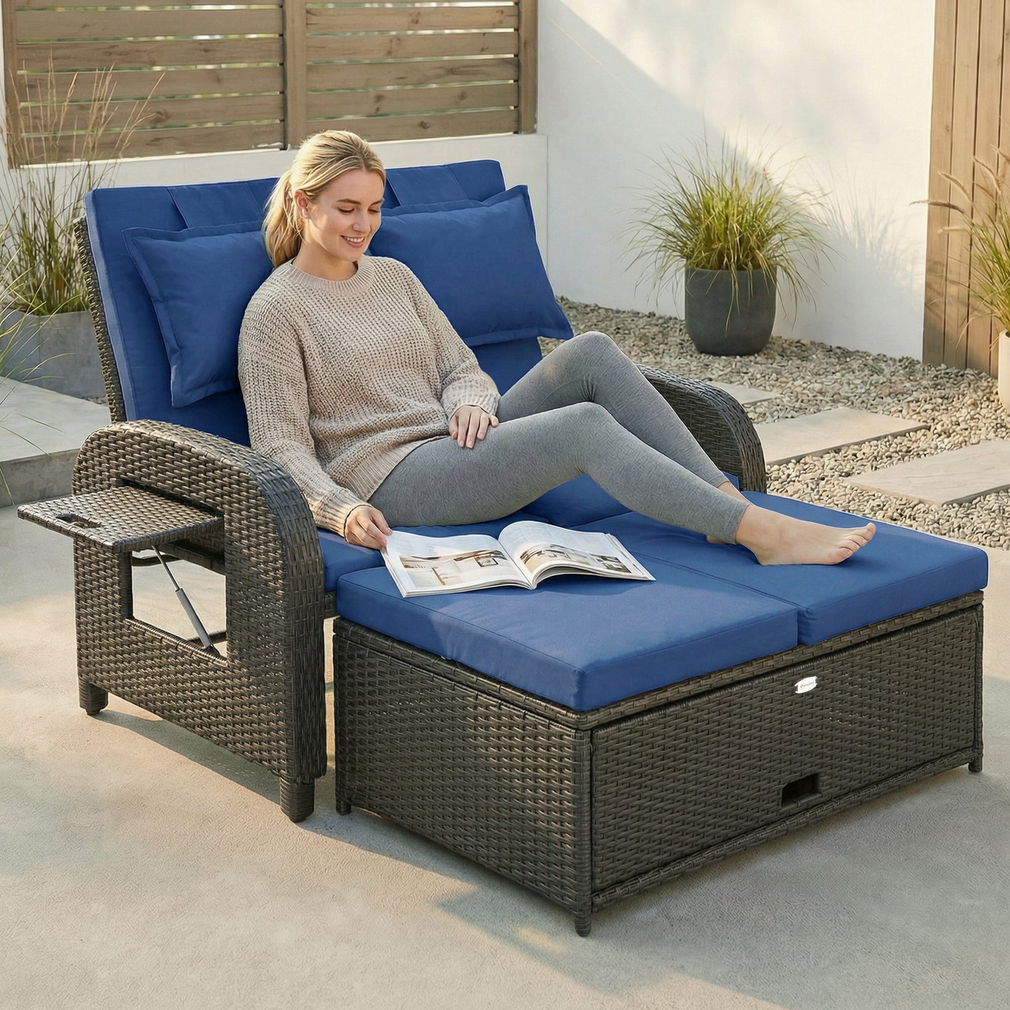 Outdoor Rattan Daybed Lounge – Wicker Patio Loveseat with Adjustable Backrest & Storage Ottoman, Navy Blue