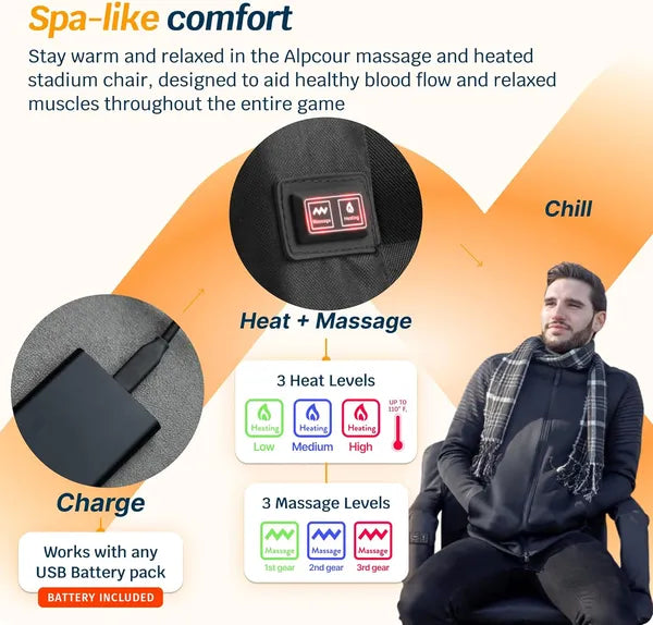 Premium Heated Massage Stadium Seat – Reclining Bleacher Chair with Back Support