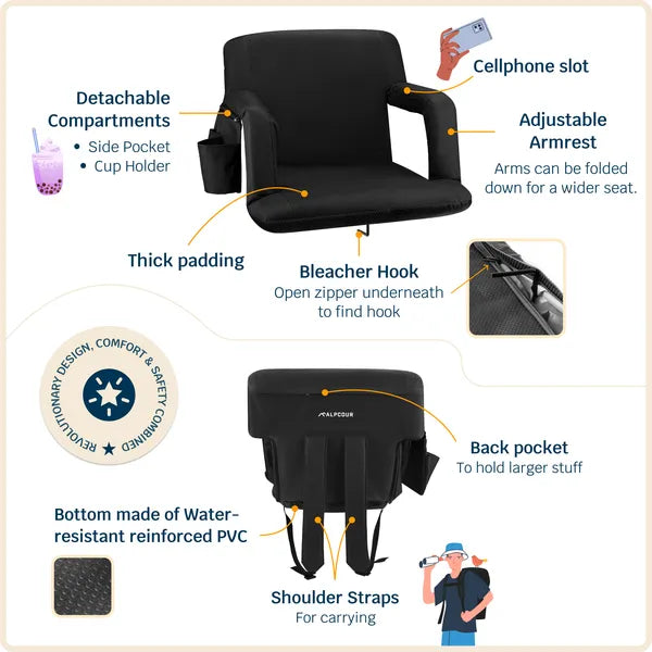 Reclining Stadium Seat - Waterproof Foldable Camping Chair With Extra Thick Padding And Wide Back Support