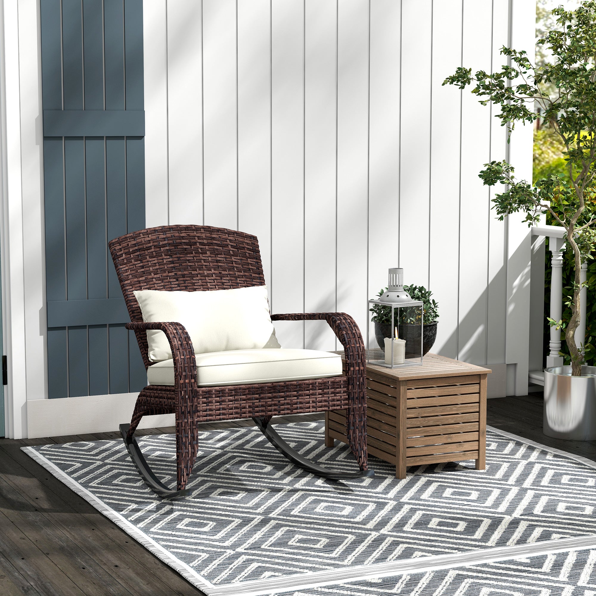 Patio Adirondack Rocking Chair with High Back Cushion – Cream White