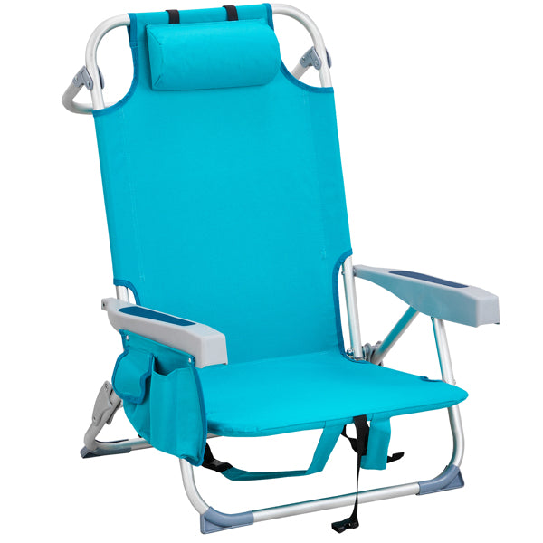 Portable Folding Beach Chair – Adjustable Reclining Camping Chair with Cup Holder, Mint Green