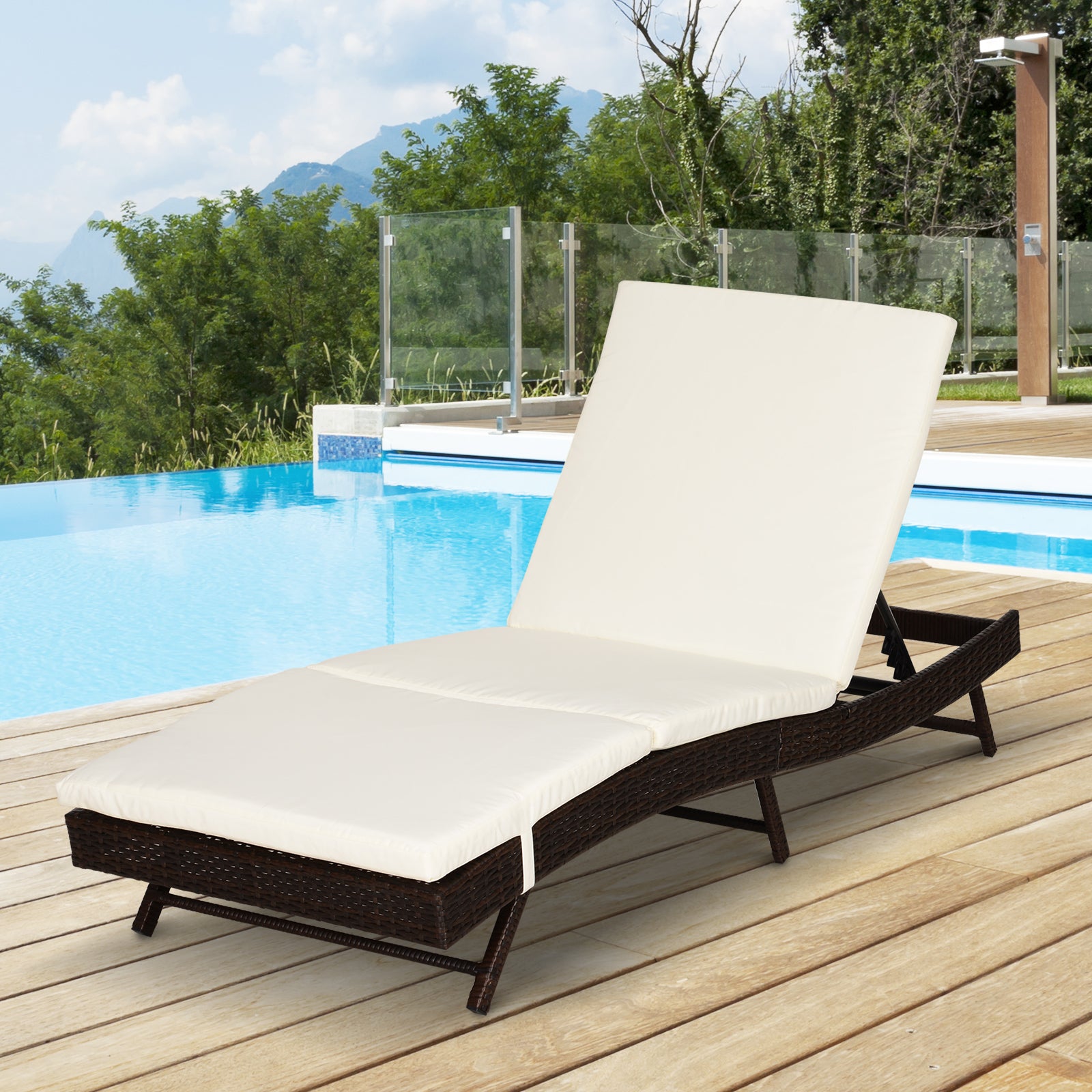 Outdoor PE Rattan Chaise Lounge Chair with Cushion & Adjustable Backrest – Coffee, 78.75”