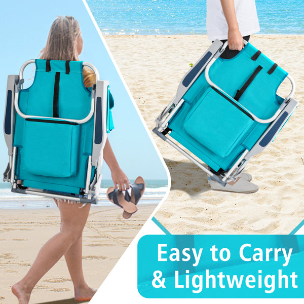 Portable Folding Beach Chair – Adjustable Reclining Camping Chair with Cup Holder, Mint Green