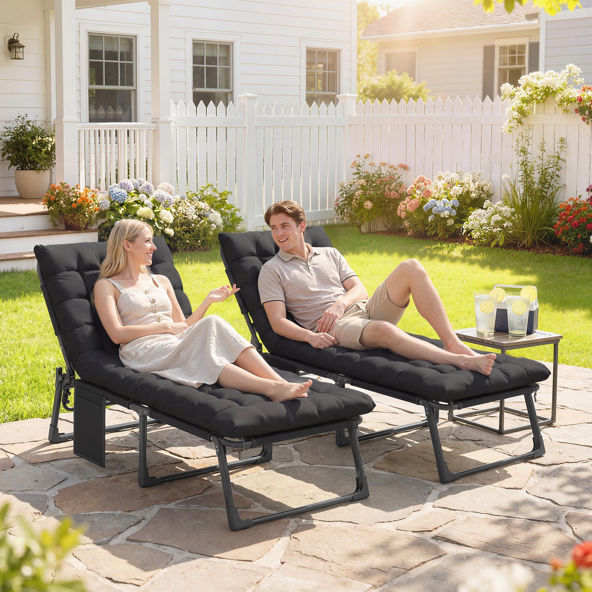 Set of 2 Folding Chaise Lounge Chairs – Adjustable Outdoor Tanning Recliners with Cushions