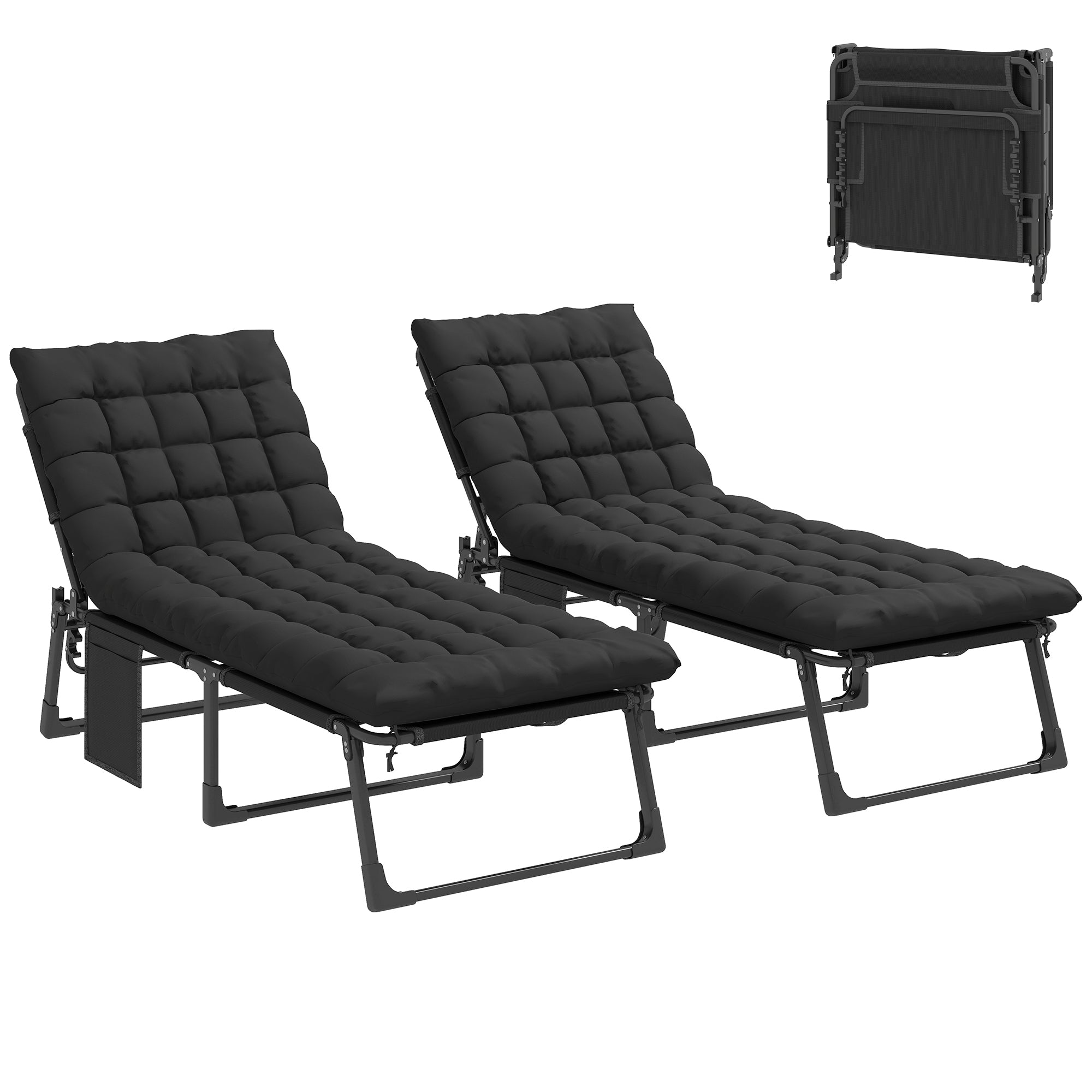 Two black folding lounge chairs with quilted cushions on a white background.