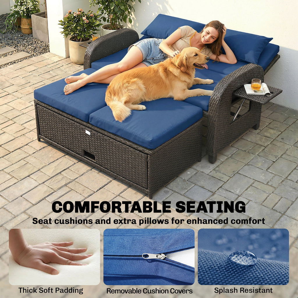 Outdoor Rattan Daybed Lounge – Wicker Patio Loveseat with Adjustable Backrest & Storage Ottoman, Navy Blue
