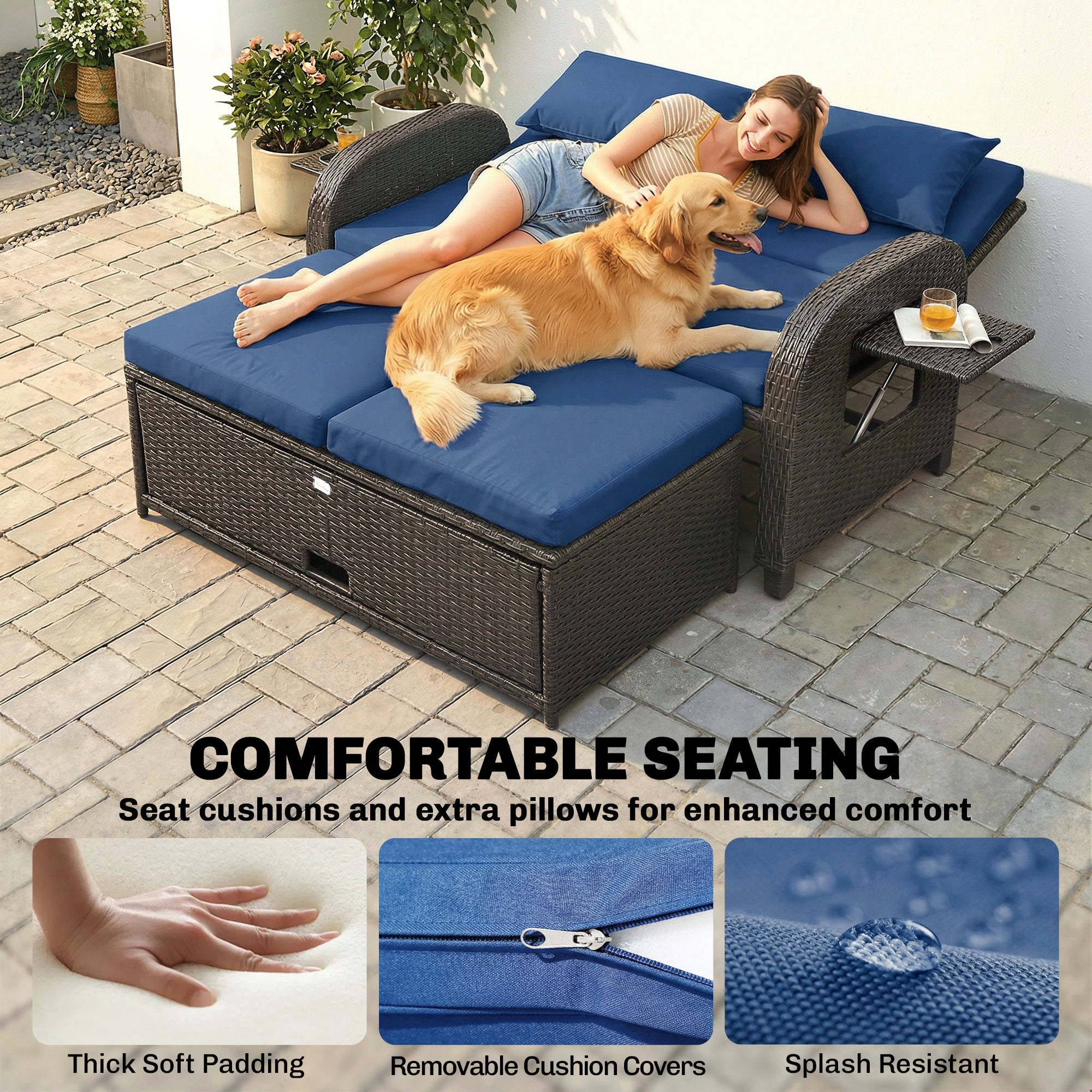 Outdoor Rattan Daybed Lounge – Wicker Patio Loveseat with Adjustable Backrest & Storage Ottoman, Navy Blue