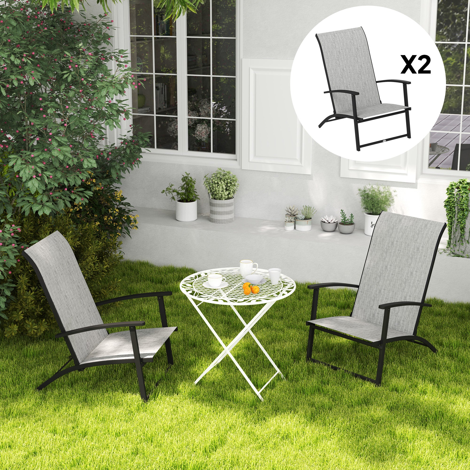 Set of 2 Folding Outdoor Dining Chairs – Patio Camping Chairs with High Back & Armrests, Gray