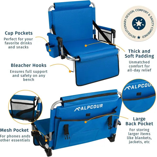 Stadium Seat - Foldable, Padded Bleacher Chair With Backrest, Armrest, Pockets, & Cup Holder