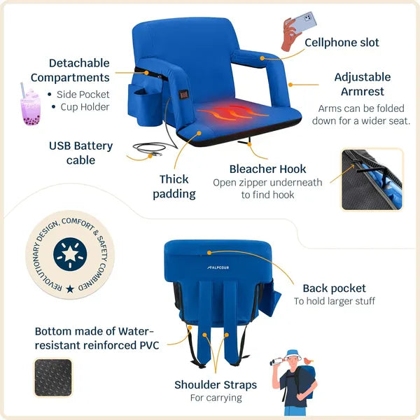 Heated Stadium Seat – Reclining Bleacher Chair with Back Support Extra Wide
