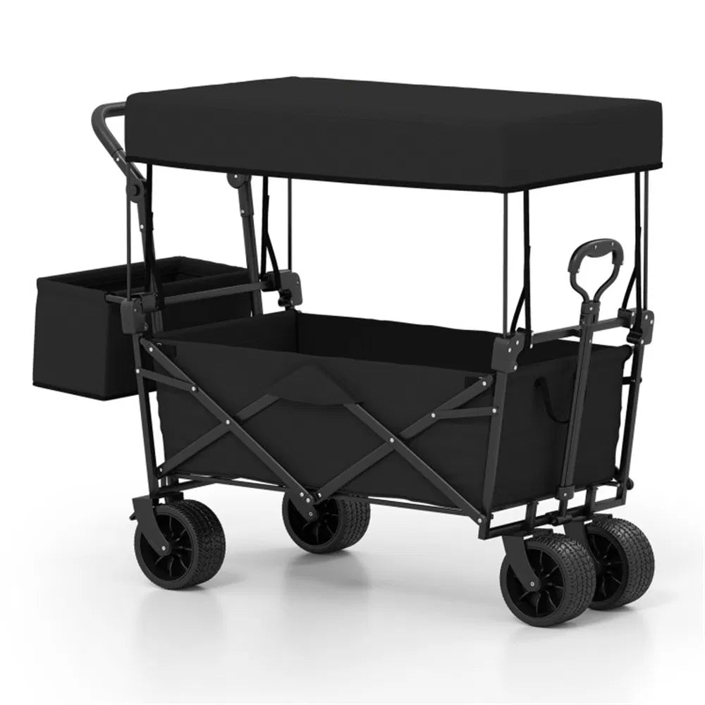 Foldable Utility Wagon Cart – Heavy Duty Outdoor Wagon with Adjustable Handle, Brakes & Storage Pockets, Black