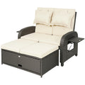 Outdoor Rattan Daybed Lounge – Wicker Patio Loveseat with Adjustable Backrest & Storage Ottoman, Beige