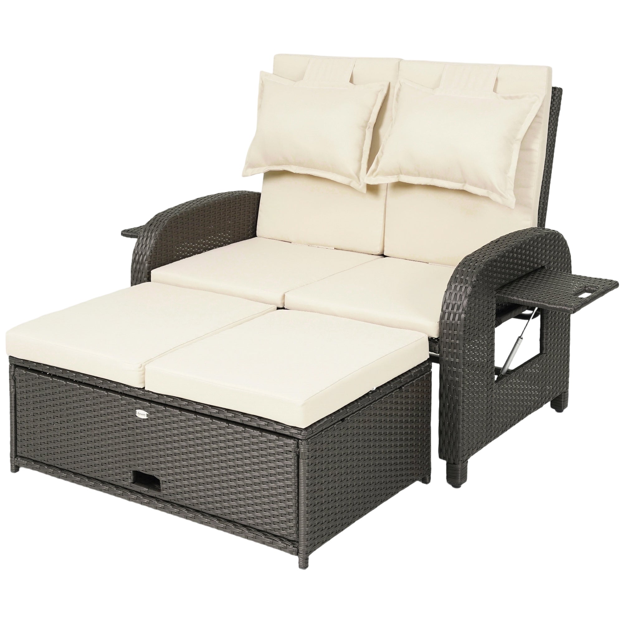 Outdoor Rattan Daybed Lounge – Wicker Patio Loveseat with Adjustable Backrest & Storage Ottoman, Beige