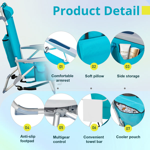 Portable Folding Beach Chair – Adjustable Reclining Camping Chair with Cup Holder, Mint Green