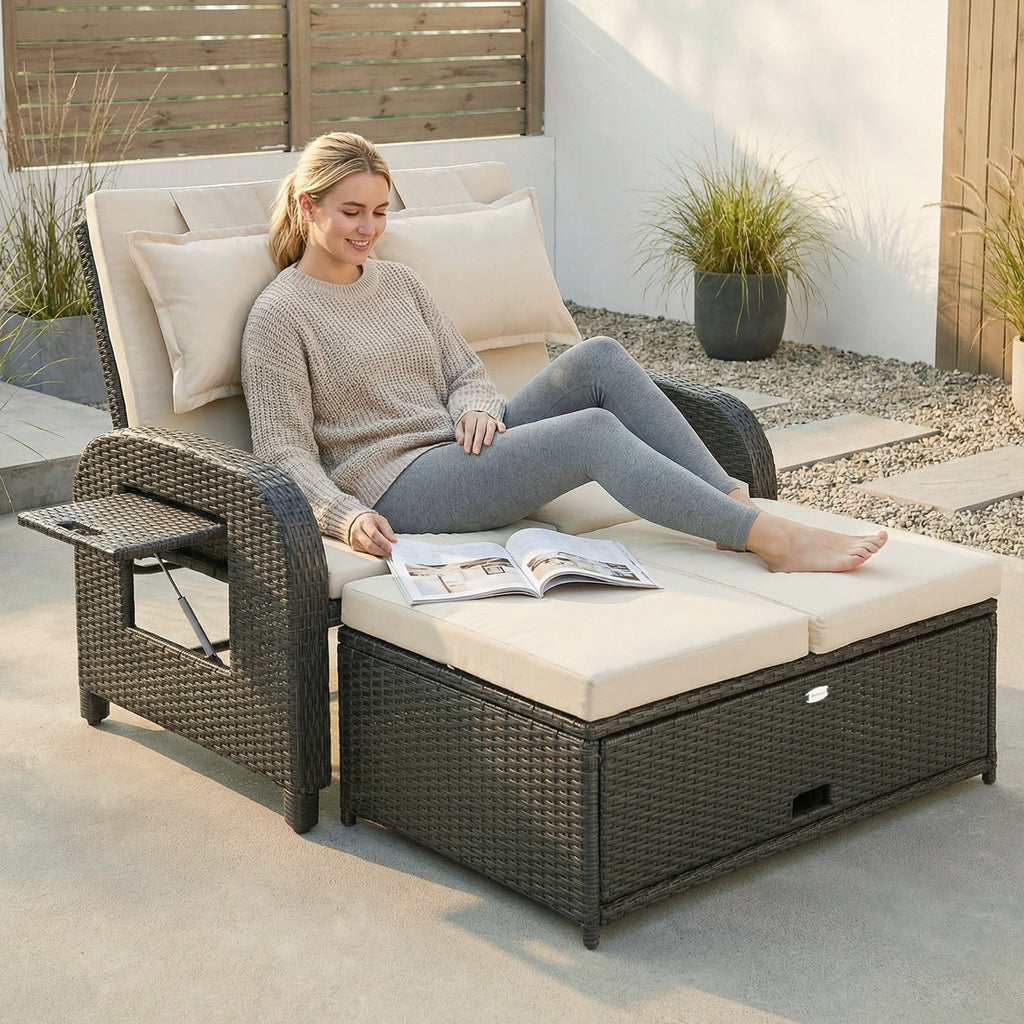 Outdoor Rattan Daybed Lounge – Wicker Patio Loveseat with Adjustable Backrest & Storage Ottoman, Beige
