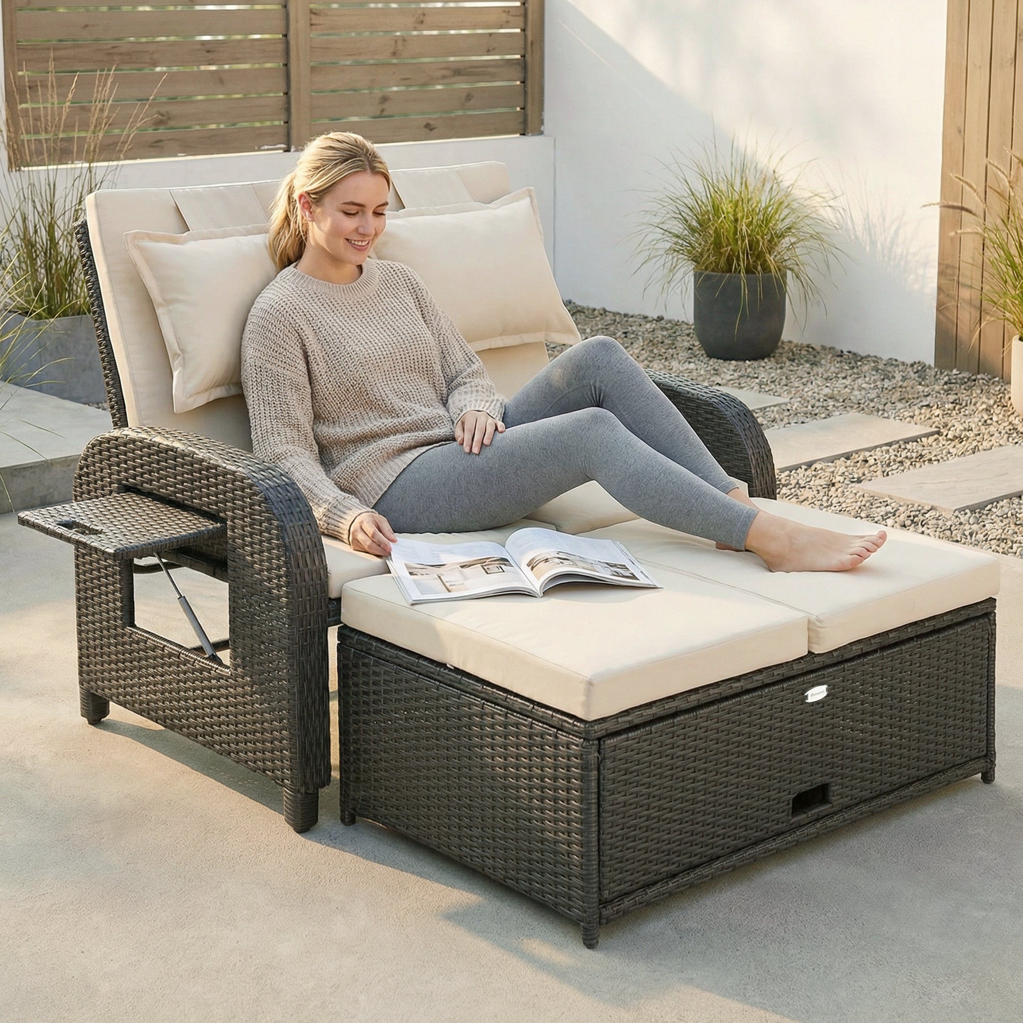 Outdoor Rattan Daybed Lounge – Wicker Patio Loveseat with Adjustable Backrest & Storage Ottoman, Beige