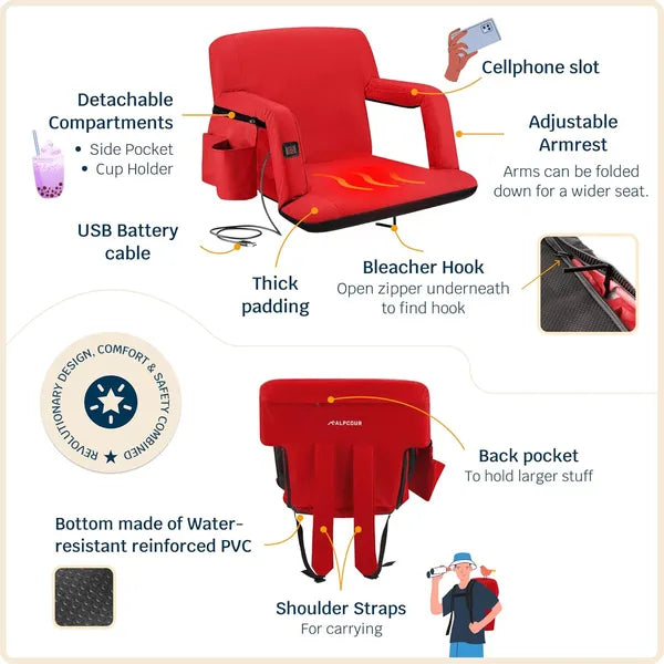 Heated Stadium Seat – Reclining Bleacher Chair with Back Support Extra Wide