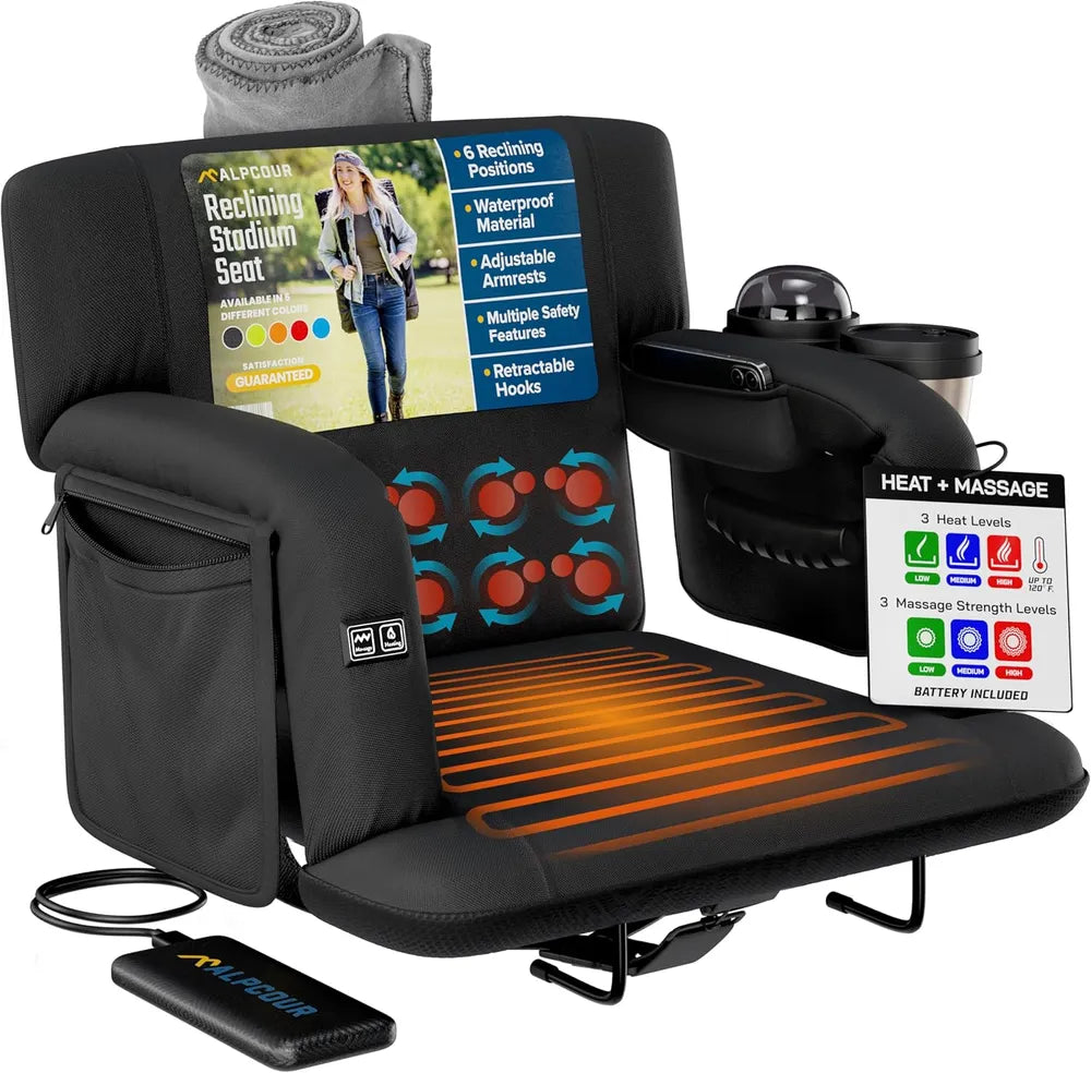 Premium Heated Massage Stadium Seat – Reclining Bleacher Chair with Back Support