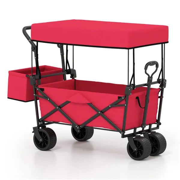 Foldable Utility Wagon Cart – Heavy Duty Outdoor Wagon with Adjustable Handle, Brakes & Storage Pockets, RED