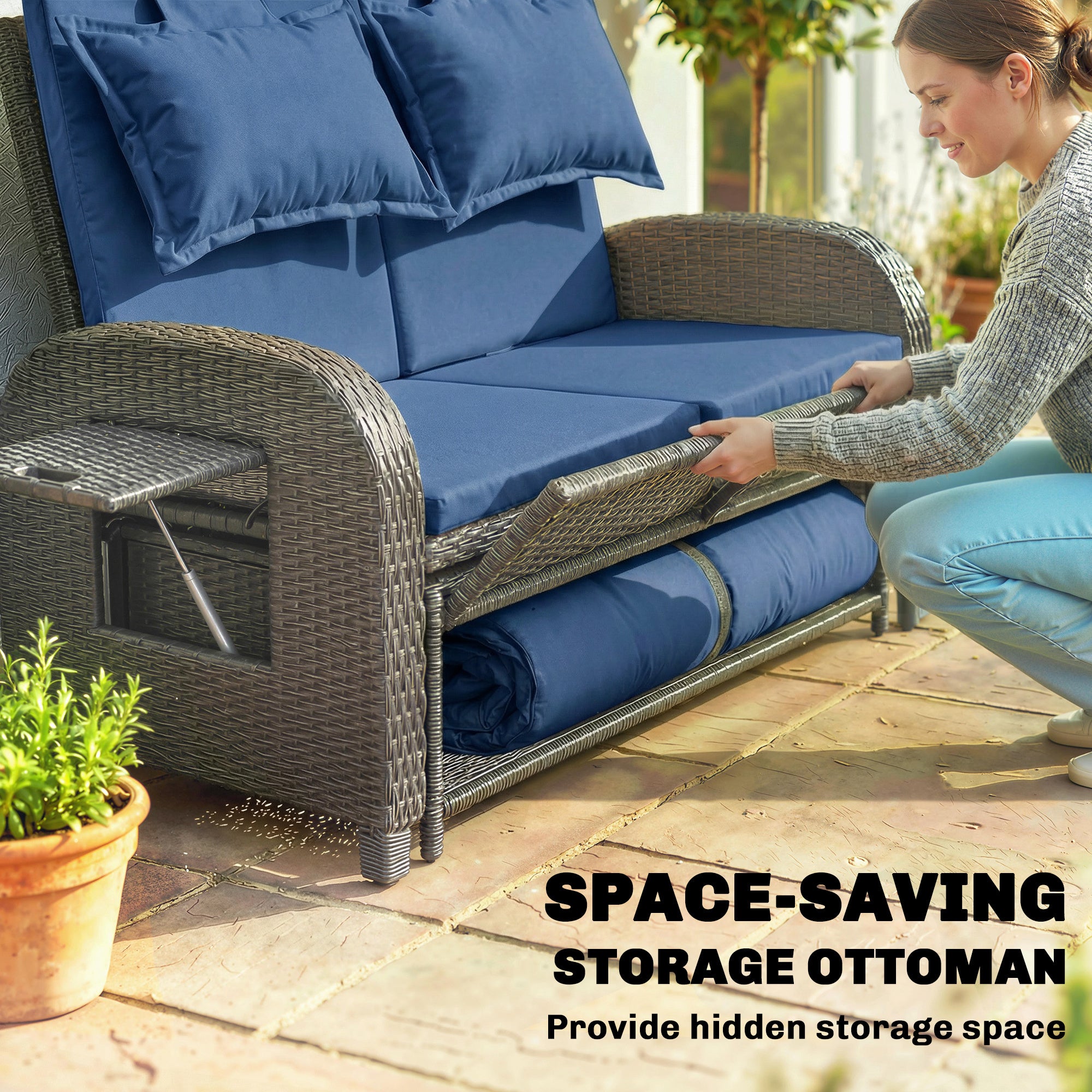 Outdoor Rattan Daybed Lounge – Wicker Patio Loveseat with Adjustable Backrest & Storage Ottoman, Navy Blue